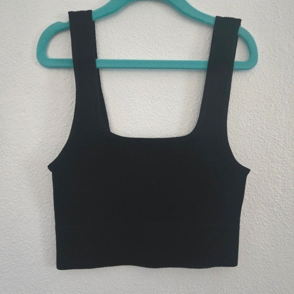 Zenana Black Ribbed Seamless Square Neck Crop Top NT-54019A Womens S/M small med